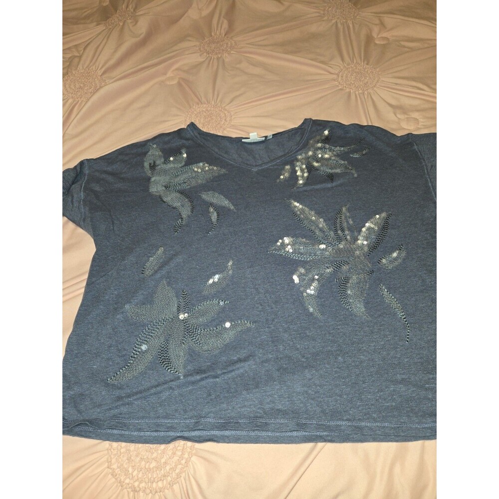 Chico's Gray 100% Linen Sequin Floral V-Neck Short Sleeve T-Shirt Size 3  US XL